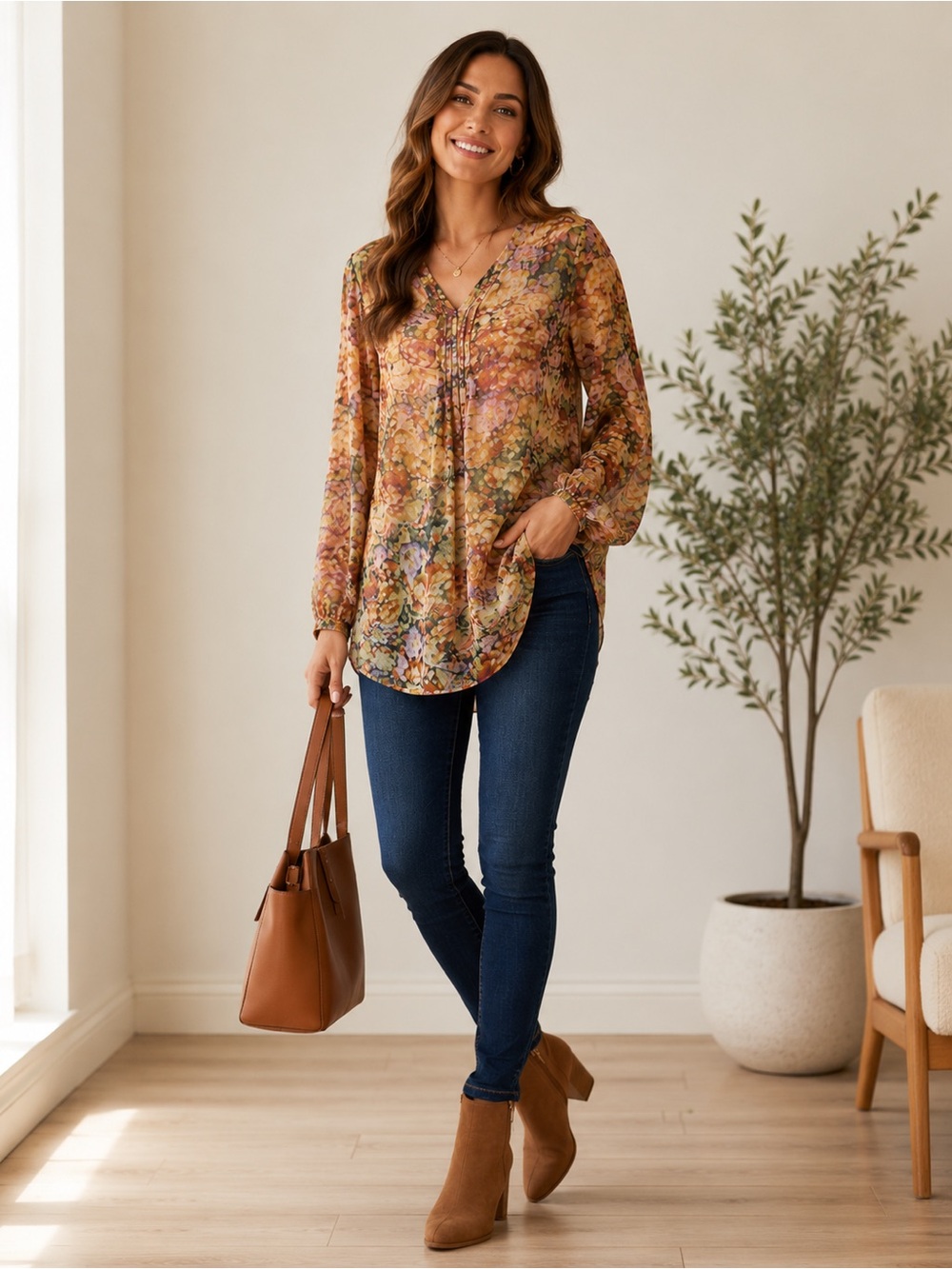 Liz Claiborne Sheer Autumn Floral Boho Tunic Blouse Size Large